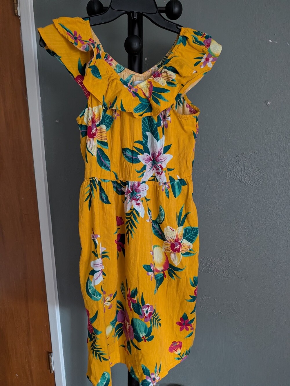 Old Navy Girl Yellow Floral Ruffle-Shoulder Midi Dress